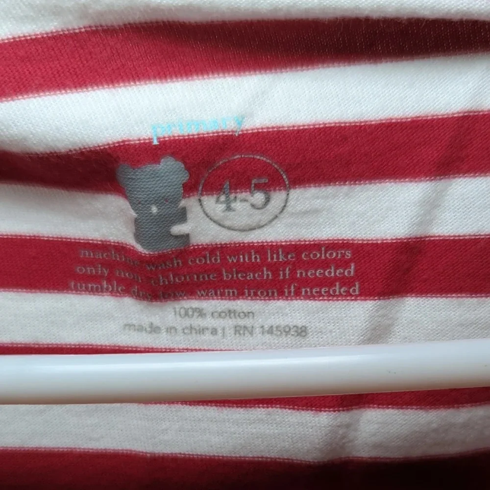 Primary Red and White Striped Dress Long Sleeve 100% Cotton Girls Size 4-5